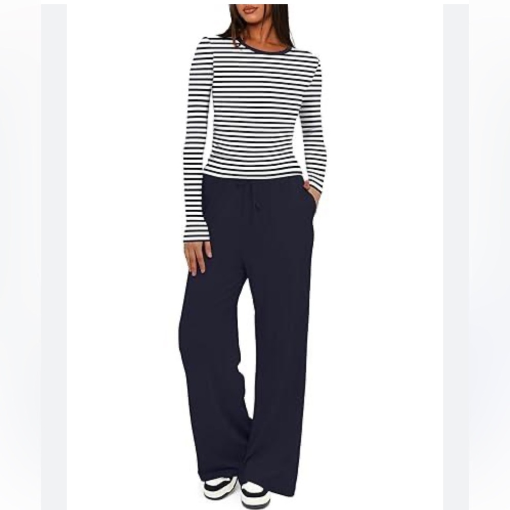 Darong Womens 2 Piece Outfits Lounge Sets 2026 Long Sleeve Navy White Stripes XS